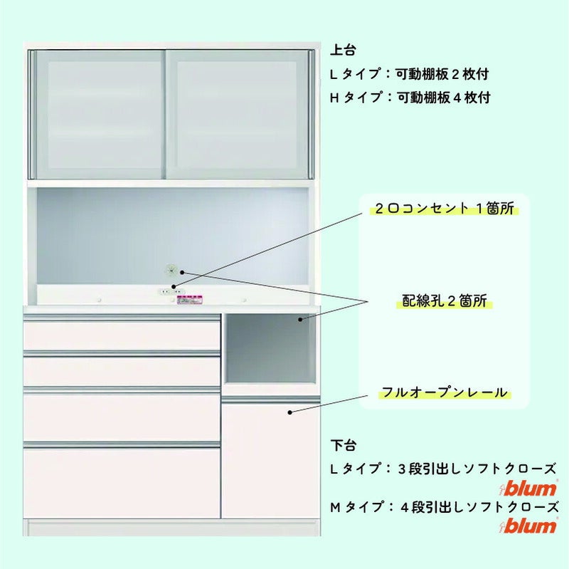 食器棚プレファW120HLオープン〔奥行51ｃｍ/カウンター高さ85ｃｍ/総高193ｃｍ〕【キッチン収納/ダイニングボード/３色対応/日本製/高橋木工】