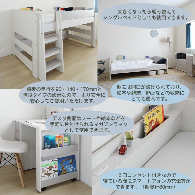 システムベッド ポーラ 【ベッド/デスク/チェスト 3点セット】ホワイト